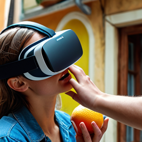 Home 15 **
A person with a VR headset, seemingly blissful, reaching for a hyperrealistic virtual fruit. In the background, a blurred and neglected real-world setting is visible, symbolizing the allure of hyperreality and the risk of neglecting the real world. The overall tone is slightly unsettling.
**