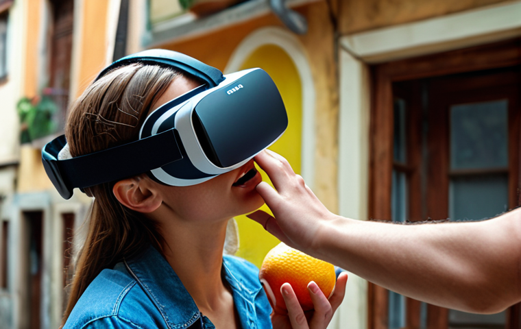 **
A person with a VR headset, seemingly blissful, reaching for a hyperrealistic virtual fruit. In the background, a blurred and neglected real-world setting is visible, symbolizing the allure of hyperreality and the risk of neglecting the real world. The overall tone is slightly unsettling.
**