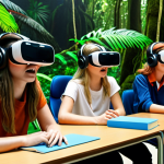 **Prompt:** A group of Dutch students wearing VR headsets, immersed in a virtual rainforest experience, surrounded by school desks and educational materials. Focus on the wonder and engagement in their faces.