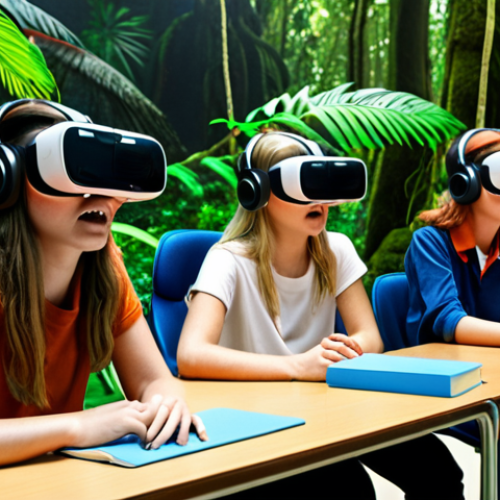 Home 14 **Prompt:** A group of Dutch students wearing VR headsets, immersed in a virtual rainforest experience, surrounded by school desks and educational materials. Focus on the wonder and engagement in their faces.