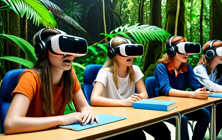 **Prompt:** A group of Dutch students wearing VR headsets, immersed in a virtual rainforest experience, surrounded by school desks and educational materials. Focus on the wonder and engagement in their faces.