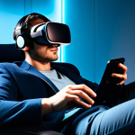 A diverse individual, fully clothed in a comfortable, modest lounge suit, seated in a futuristic ergonomic chair within a state-of-the-art immersive home cinema. The person wears a sleek, advanced VR headset and subtle haptic gloves, with soft, ambient light illuminating their face, reflecting wonder and deep engagement. The room features integrated environmental controls, hinting at temperature and scent capabilities. perfect anatomy, correct proportions, natural pose, well-formed hands, proper finger count, natural body proportions, safe for work, appropriate content, fully clothed, professional, high quality, realistic, cinematic lighting.