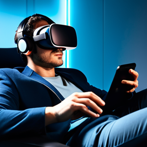 Home 7 A diverse individual, fully clothed in a comfortable, modest lounge suit, seated in a futuristic ergonomic chair within a state-of-the-art immersive home cinema. The person wears a sleek, advanced VR headset and subtle haptic gloves, with soft, ambient light illuminating their face, reflecting wonder and deep engagement. The room features integrated environmental controls, hinting at temperature and scent capabilities. perfect anatomy, correct proportions, natural pose, well-formed hands, proper finger count, natural body proportions, safe for work, appropriate content, fully clothed, professional, high quality, realistic, cinematic lighting.