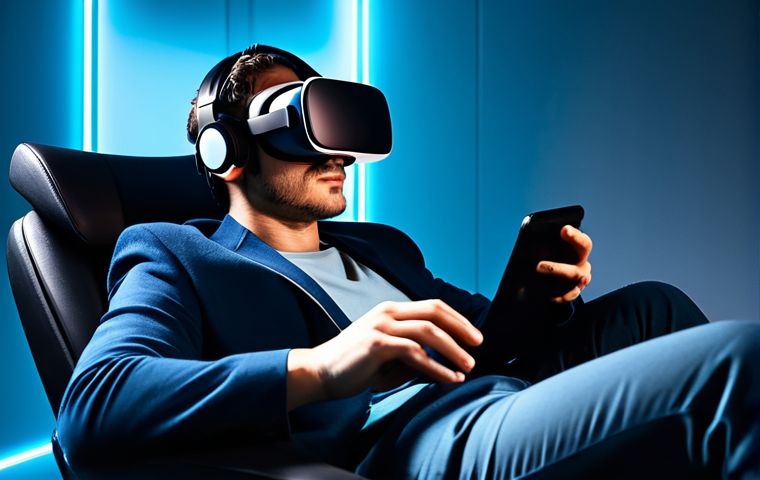 A diverse individual, fully clothed in a comfortable, modest lounge suit, seated in a futuristic ergonomic chair within a state-of-the-art immersive home cinema. The person wears a sleek, advanced VR headset and subtle haptic gloves, with soft, ambient light illuminating their face, reflecting wonder and deep engagement. The room features integrated environmental controls, hinting at temperature and scent capabilities. perfect anatomy, correct proportions, natural pose, well-formed hands, proper finger count, natural body proportions, safe for work, appropriate content, fully clothed, professional, high quality, realistic, cinematic lighting.